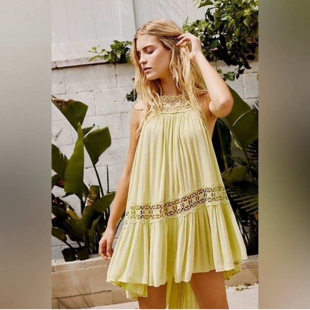 Free People Sky Full of Stars Lime Green Lace Halter Swing Dress Tunic Top